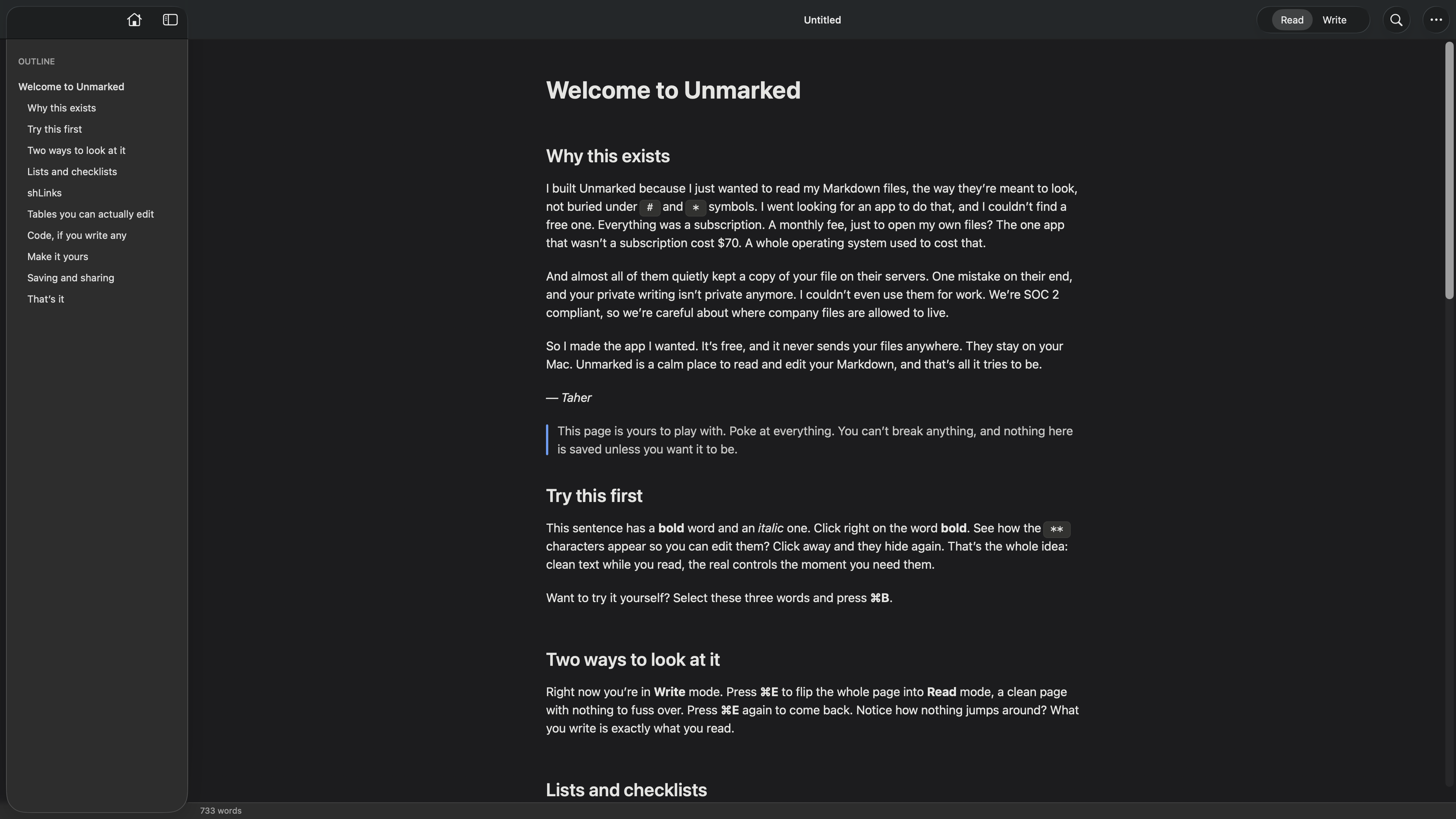The same document cleanly rendered in Unmarked’s Read mode
